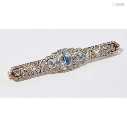 An aquamarine and diamond set brooch Length: 48mm
