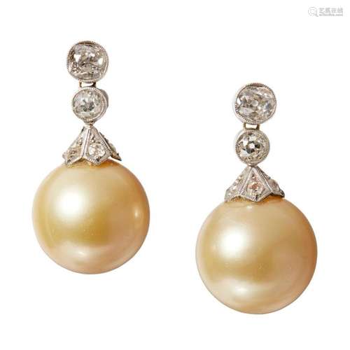 A pair of South Sea cultured pearl and diamond set earrings Overall length: 27mm, diameter of pearl: 14.5mm