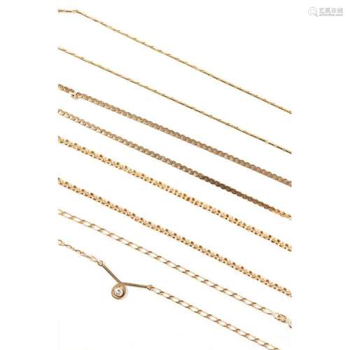 A collection of four 9ct gold necklaces Gross weight: 28g