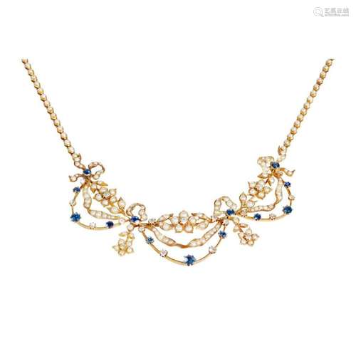 An Edwardian diamond, sapphire and seed pearl set necklace Overall length: 50cm