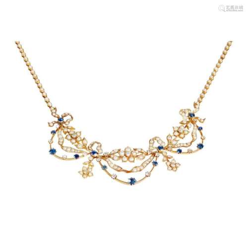 An Edwardian diamond, sapphire and seed pearl set necklace Overall length: 50cm