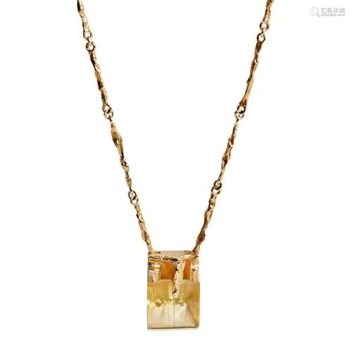 A contemporary 14ct gold and citrine set pendant, Lapponia Length of pendant: 18mm