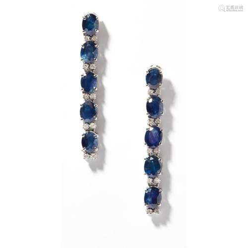 A pair of diamond and sapphire set pendant earrings Length: 32mm