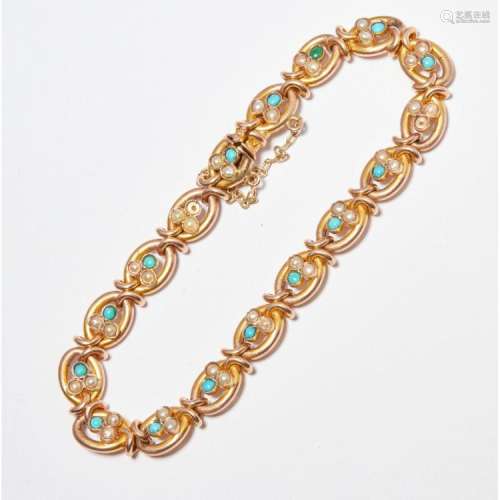 A turquoise and seed pearl set bracelet Length: 20cm