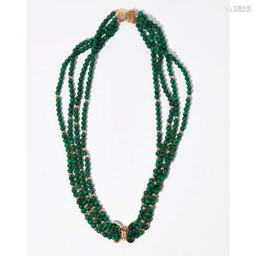 A beaded malachite necklace Length of shortest strand: 39cm