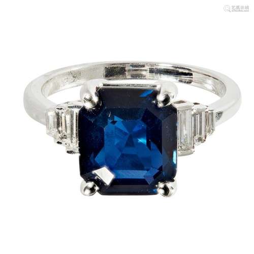 An Art Deco style sapphire and diamond set ring Ring size: M, estimated sapphire weight: 5.11cts