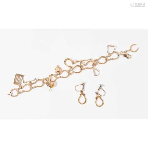 A 9ct gold charm bracelet and matching earrings Length of bracelet: 17cm