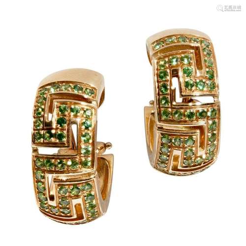 A pair of Italian demantoid garnet set earrings, Versace Length: 23mm