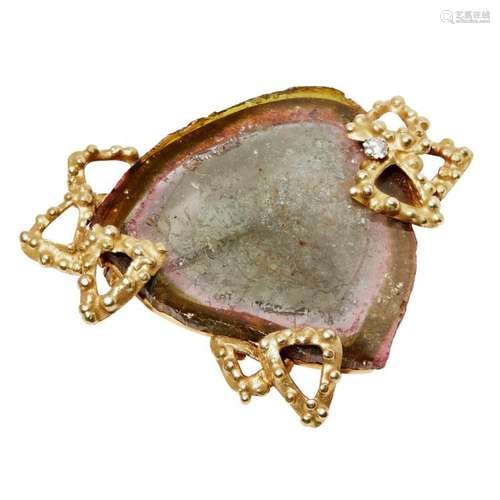 An 18ct gold tourmaline and diamond set brooch, Andrew Grima Width: 57mm