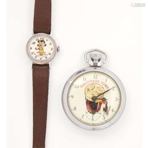 Guinness and Charlie Brown interest - A plated pocket watch and wrist watch Pocket watch case diameter: 50mm, wrist watch case diame...