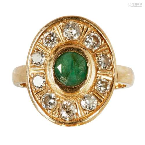 An emerald and diamond set cluster ring Ring size: P, estimated total gem weights: emerald 0.50cts, diamonds 1.10cts