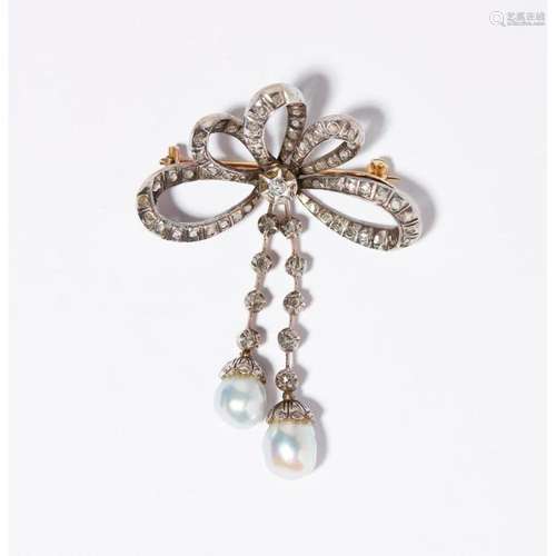 A pearl and diamond set brooch Length: 63mm