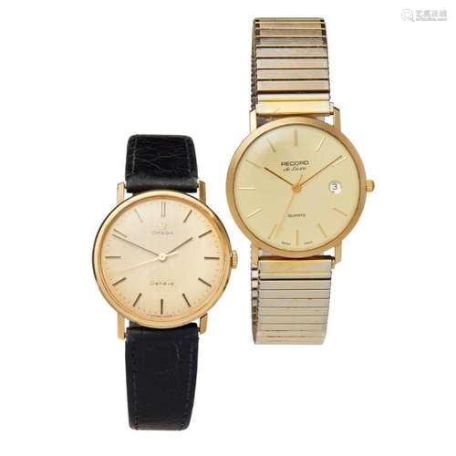 Two gentleman's 9ct gold cased wrist watches, Omega & Record Case diameters: 32mm & 33mm, dial diameters: 30mm & 30mm