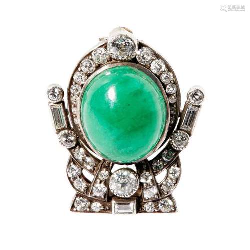 An emerald and diamond set brooch Length: 28mm