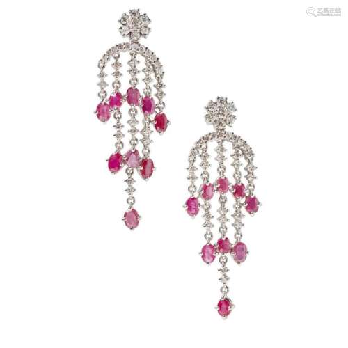 A pair of diamond ruby pendant earrings Length: 52mm