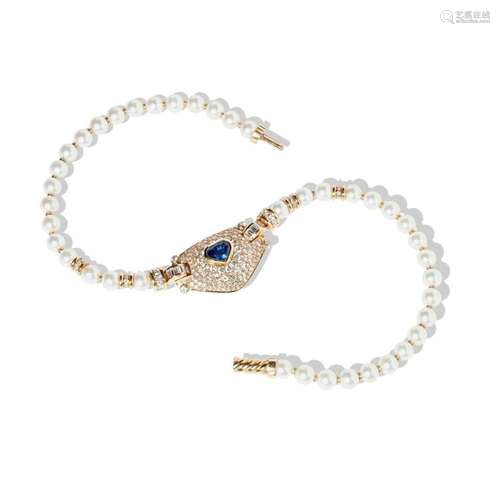 A pearl, diamond and sapphire necklace Overall length: 42cm, estimated sapphire weight: 2.70cts