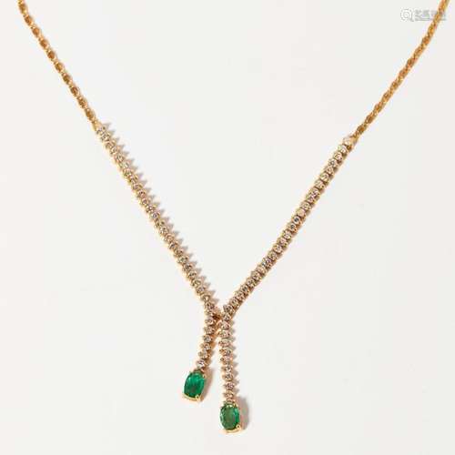 An emerald and diamond set necklace Length: 41cm, length of longest drop: 25mm, estimated total diamond weight: 1.30cts