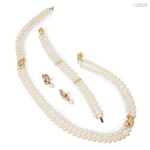 A suite of cultured pearl and diamond set jewellery, Mikura Length of necklace: 51cm (shortest strand)