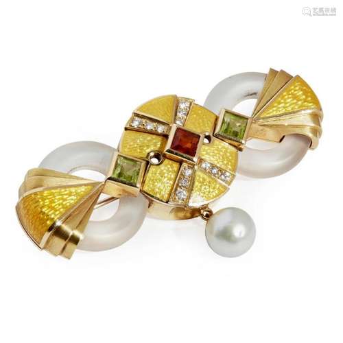 A 18ct gold multi-gem set brooch, Stephen Webster Width: 50mm