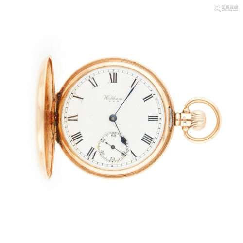 A 9ct gold cased pocket watch, Waltham Case diameter: 52mm, dial diameter: 42mm