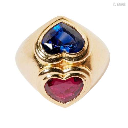 A sapphire and ruby set bombé ring Ring size: K/L