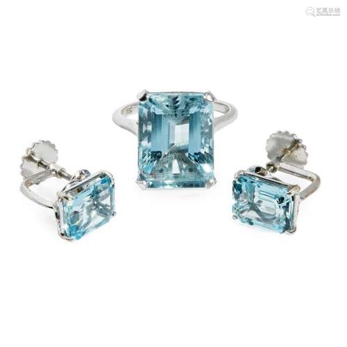 An aquamarine cocktail ring and matching earrings Ring size: J, estimated principal aquamarine weight: 8.48cts