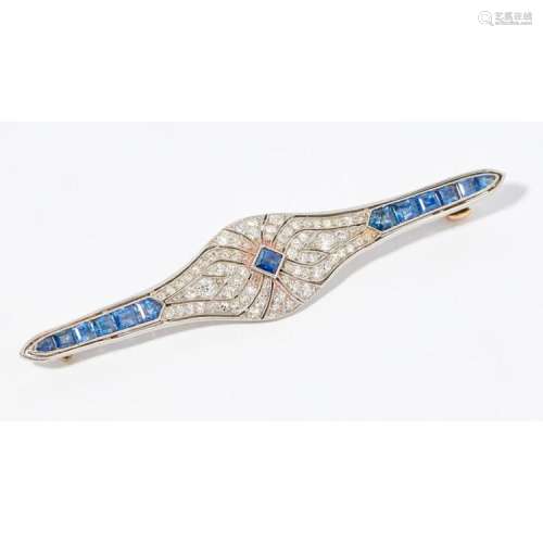 A sapphire and diamond bar brooch Length: 70mm