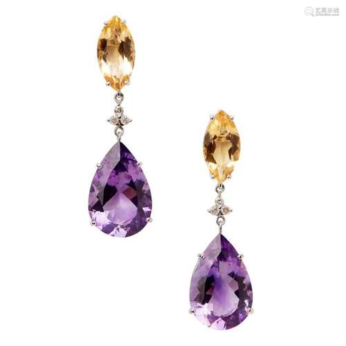 A pair of amethyst and citrine pendant earrings Length: 40mm