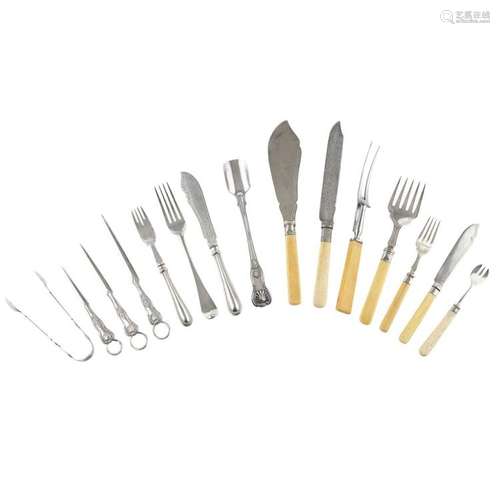 A mixed group of cutlery and flatware Weighable silver: 17oz