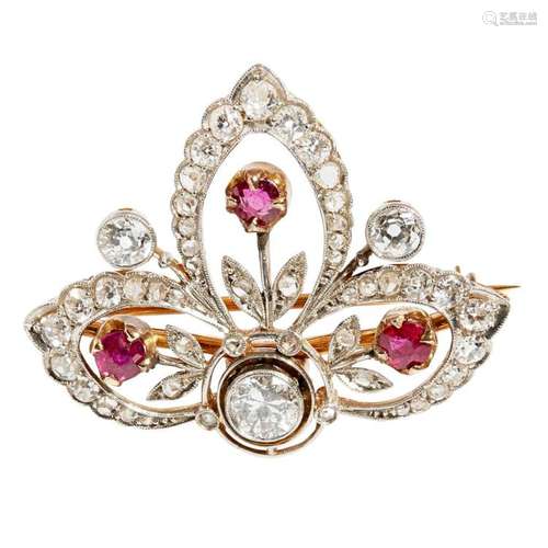 An mid-20th century ruby and diamond set brooch Width: 33mm, estimated principal diamond weight: 0.45cts