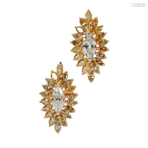 A pair of colourless and fancy coloured diamond cluster earrings Length: 22mm, estimated principal diamond weight: 0.50cts (each)