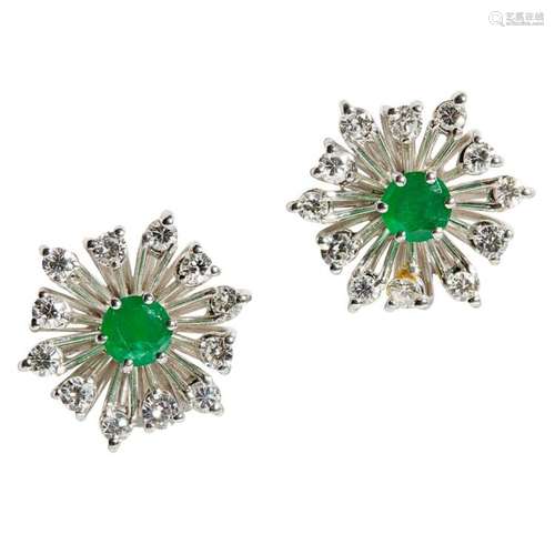 A pair of emerald and diamond set cluster earrings Diameter: 15mm, estimated total diamond weight: 0.93cts