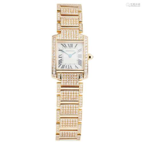 A lady's diamond set 18ct gold wrist watch, Cartier Case width: 20mm, dial width: 14mm