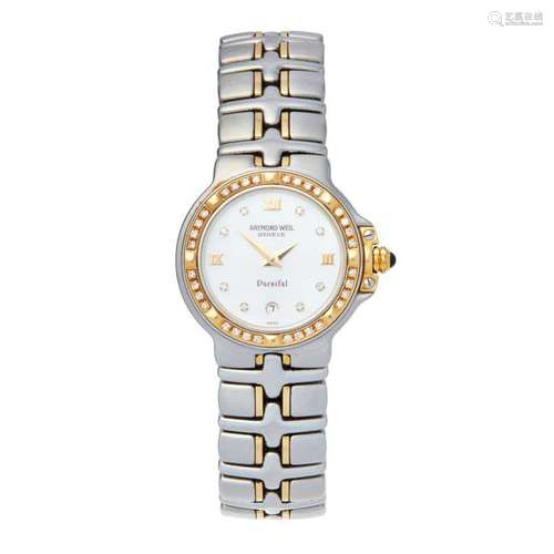 A lady's 18ct gold, stainless steel and diamond set watch, Raymond Weil Case width: 26mm, dial diameter: 20mm