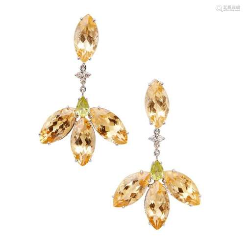 A pair of citrine and peridot set pendant earrings Length: 40mm