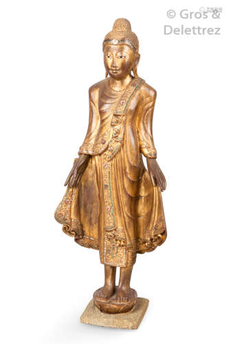 Birmanie, XXe siècle. Bouddha en bois laqué or et...