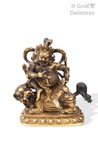 Tibet, XIXe siècle Statuette en bronze dorée, rep...