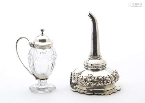 A George III silver wine funnel and a glass and silver mustard pot