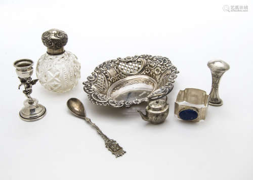 A Victorian silver dish and a hobnail cut glass scent bottle with silver cap