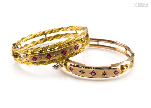 Two Victorian and later 9ct gold ruby and diamond bangles