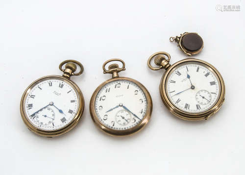 Three first half 20th Century gold plated open faced pocket watches