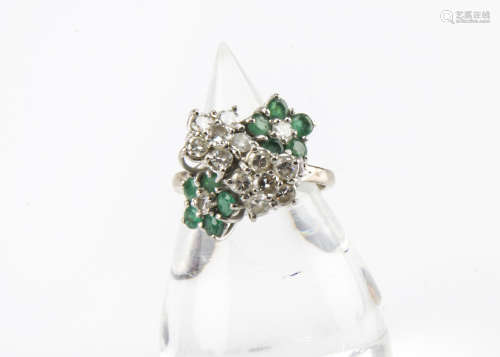 A 1960s 18ct white diamond and emerald cocktail dress ring