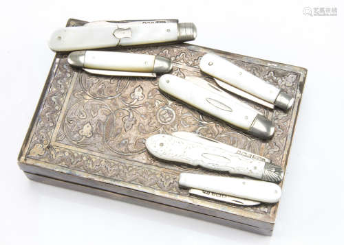 Six Victorian and later silver and mother of pearl pocket fruit knives