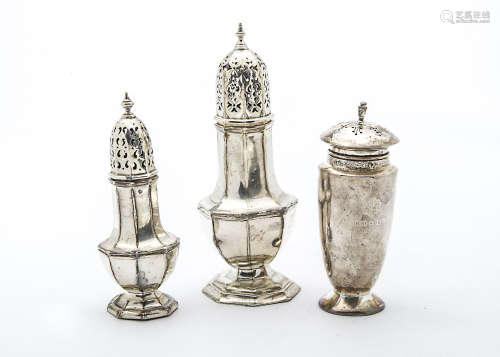 Three Art Deco and later silver sugar sifters