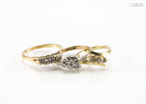Three Art Deco and later gold and diamond rings