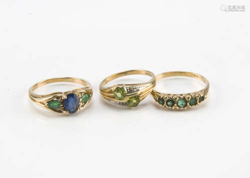 Three modern 9ct gold and gem set rings