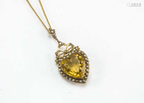 A pretty 19th Century gold citrine and seed pearl pendant