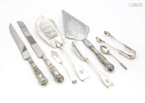 Eight Victorian and later silver and silver serving items