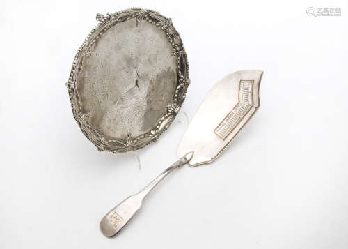 A George III silver card tray and fish slice