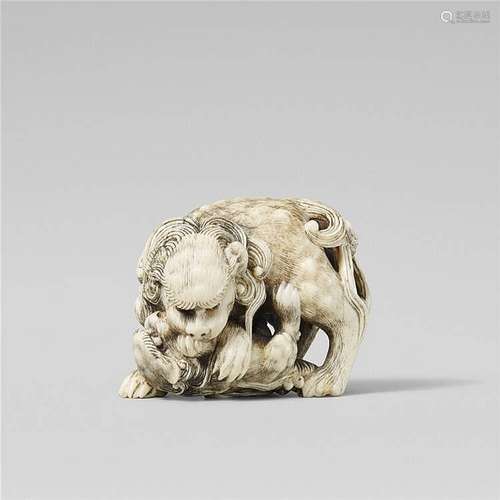 A very fine Edo school ivory netsuke of a shishi and cub, by Gyokuyôsai. Mid-19th century